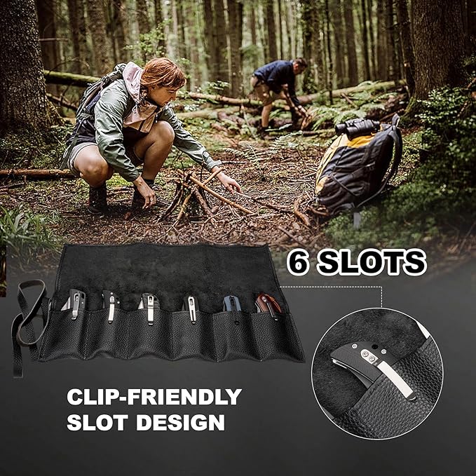 Real Leather Pocket Knife Roll with 6 Slots – Folding Knife Display Bag, Tactical Outdoor EDC Storage Protector, Compact Mini Case for Knives