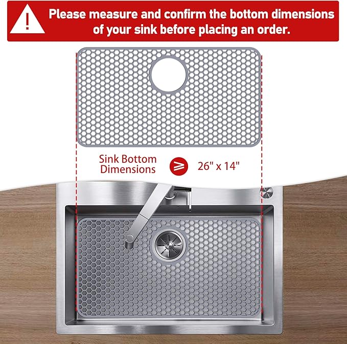 Bestjing Silicone Sink Protectors for Kitchen Sink with Rear Drain - 26"x 14" Kitchen Protector Accessory, Non-Slip Heat Resistant Grid Mat for Bottom of Farmhous Peorcelain Stainless Steel(Rear Hole)