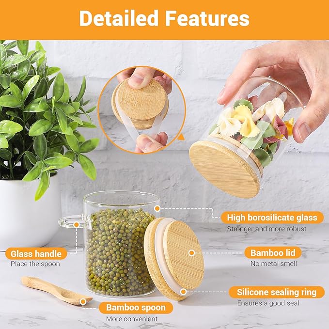 Glass Jar with Bamboo Lids and Spoons - 2 Pack 6 Fl.oz Airtight Round Glass Pantry Containers Set, Includes Labels and Marker, Food Storage Canisters for kitchen for Spice, Coffee, Sugar, Tea