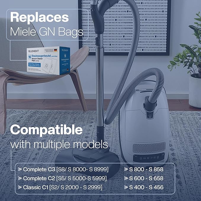 16 Type G/N Vacuum Cleaner Bags for Miele Vacuum Cleaners [Replaces 10123210 AirClean 3D Efficiency Type GN] – Fits Classic C1, Complete C2 & C3, S8340, S8000, S6000 & S5000 Series + 8 Filters