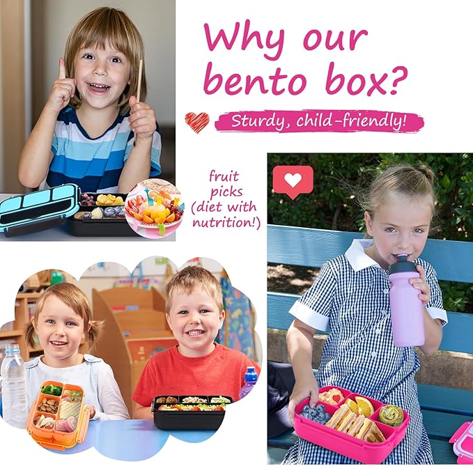 QQKO Bento Box for Kids Adults, School Toddler Lunch Box for Boys Girls, Lunch Box Containers with 4 Compartments, Sauce Container, Utensils, Food Picks and Muffin Cups for School, Pink Blue