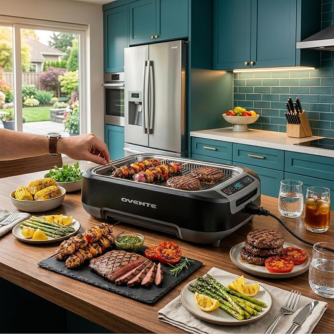 OVENTE Smokeless Indoor Grill, 1500W Electric Portable Korean BBQ Grill with One-Touch Control, LED Smart Display, Tempered Glass Lid, Two Removable Non-Stick and Dishwasher Safe Plates, Black SGR85B