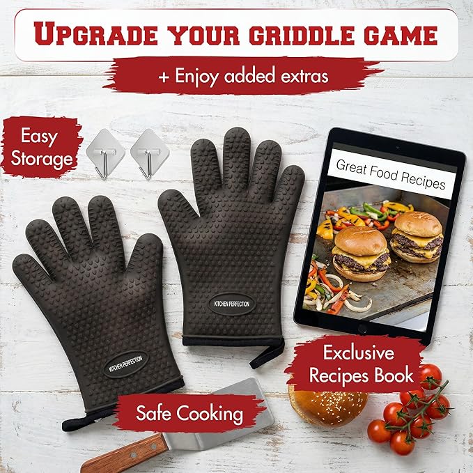 KITCHEN PERFECTION XL Silicone Oven & Griddle Gloves -Extreme Heat Resistant BBQ & Grilling Gloves -Handle Hot Food Right on Your Griddle |Waterproof Oven Mitts Grill Gloves |Superior Set+3 Bonuses