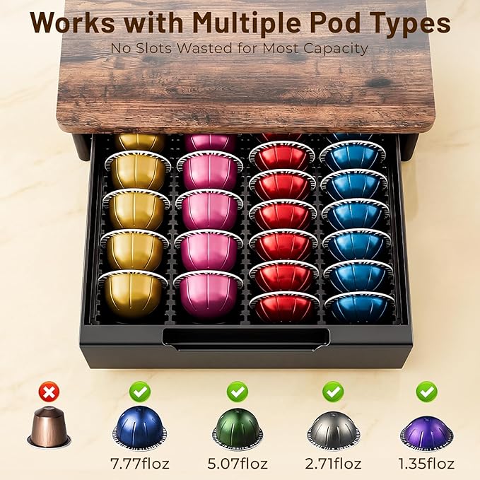 Coffee Pod Drawer Organizer for Nespresso Vertuo, Patented Flexible Slot Design Holds Up to 40 Large Capsules, Rustic Wood Look, Fits Under Coffee Machines