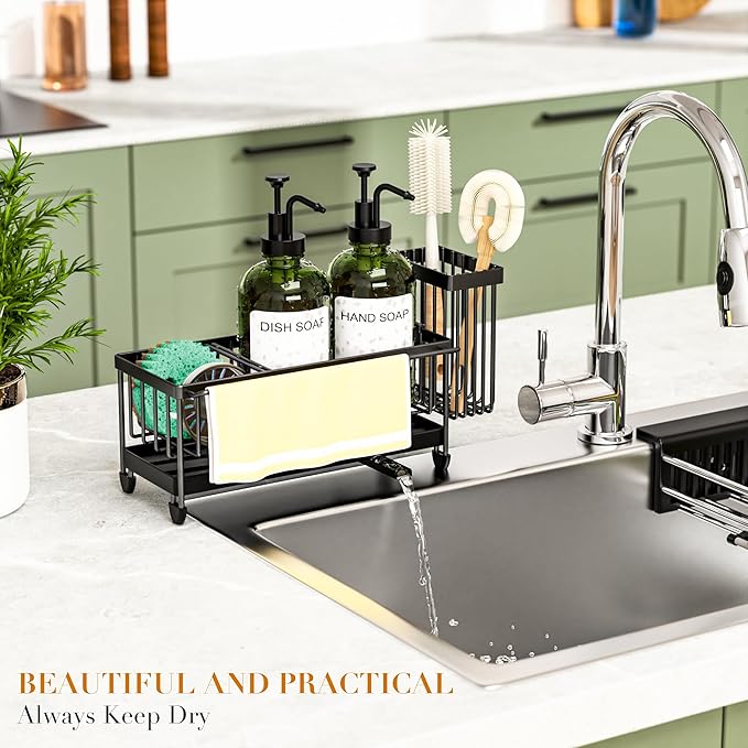 Kitchen Soap Dispenser Set with Sponge Holder and Towel Rack, 17OZ Glass Bottle, Hand and Dish Soap Dispenser Set, Non-Slip Silicone Pad, Brush Holder, Kitchen Sink Caddy Organizer Countertop (Green)