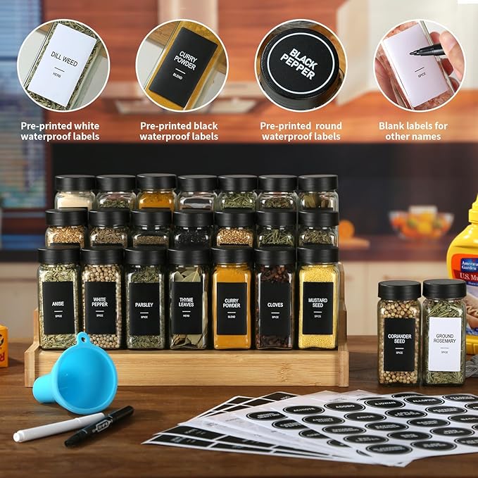 24 Glass Spice Jars with Labels, Spice Jar Set, 4oz Spice Containers, Seasoning Containers with Black Airtight Lids and Shaker Lids, Square Empty Spice Bottles, 492 Labels, 1 Funnel