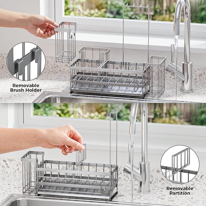 Sponge Holder for Kitchen Sink – Rustproof Stainless Steel with Detachable Drainboard, Brush Rack & Towel Bar | Compact, Non-Slip Design for Countertop Bathroom