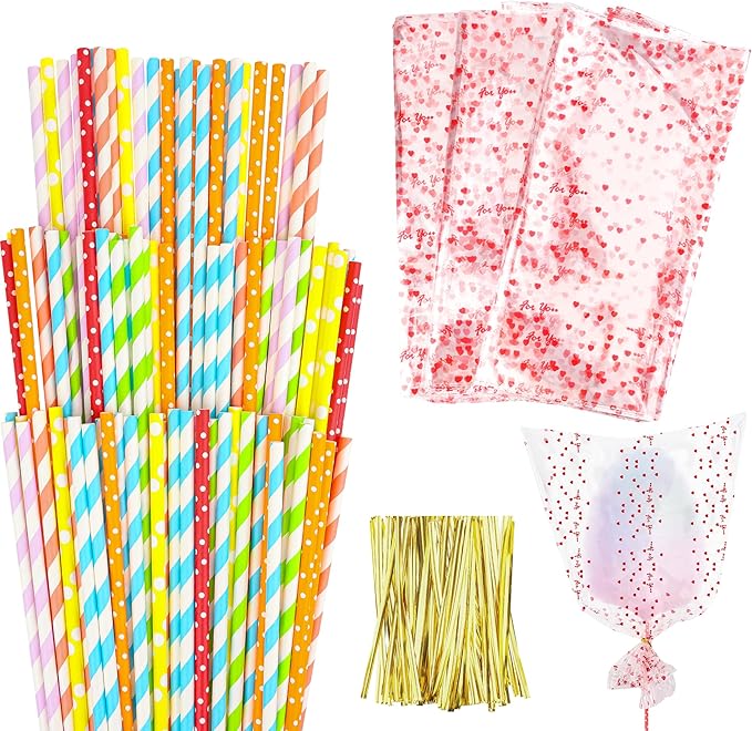 Coitak 100 PCS Cotton Candy Sticks, 100 PCS Cotton Candy Bags with Ties, 13.77 Inch Cotton Candy Sticks Random Colorful Cotton Candy Supplies Paper Straws for Candy Making