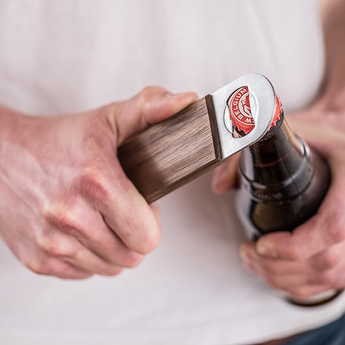 Dropcatch Handheld Bar Blade Bottle Opener | Flat Beer Cap Bottle Opener | Durable Bartender or Home Tool | Heavy Duty Stainless Steel & Walnut Finish | Mini 4.25” x 1.5”