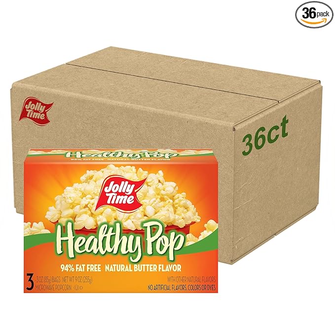 Jolly Time Healthy Pop Buttery Microwave Popcorn, Low Fat Gluten Free Non-GMO, 3oz Sharing Bag, 3 Bags Per Carton (Healthy Pop - Butter & Sea Salt, 3 Ounce (Pack of 36))