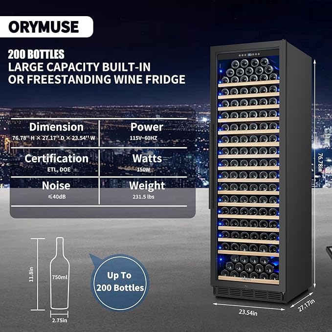 ORYMUSE 200 Bottle Upgrade Wine Cooler Refrigerator - 24 Inch Large Capacity Wine Fridge Built-In Freestanding, with Quiet Compressor, Professional Temperature Control & Wine Cellar - Black