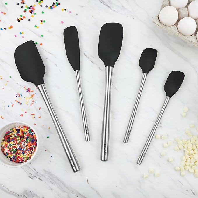Tovolo Stainless Steel Handled Silicone Spatula Set of 5, Dishwasher Safe Kitchen Spatula Set for Cooking Baking, BPA Free Silicone Spatula set with Metal Steel Handle, Black