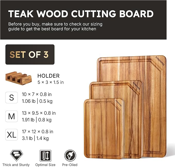 3 Pack Teak Wood Cutting Board Set with Holder Non Slip Over Sink Wooden Chopping Board for Fresh Meat Vegetable Thick Haus Perfect for Charcuterie Juice Groove Kitchen Accessories - FSC Certified