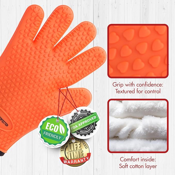 KITCHEN PERFECTION Silicone Oven & Griddle Gloves -Extreme Heat Resistant BBQ & Grilling Gloves -Handle Hot Food Right on Your Griddle |Waterproof Oven Mitts Grill Gloves |Superior Set+3 Bonuses