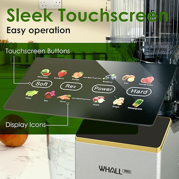 Cold Press Juicer, Touchscreen Juicer Machines with Wide Feed Chute, Stainless Steel Masticating Juicers Easy to Clean, Ergonomic Operational Panel Design, High Juice Yield, Steel