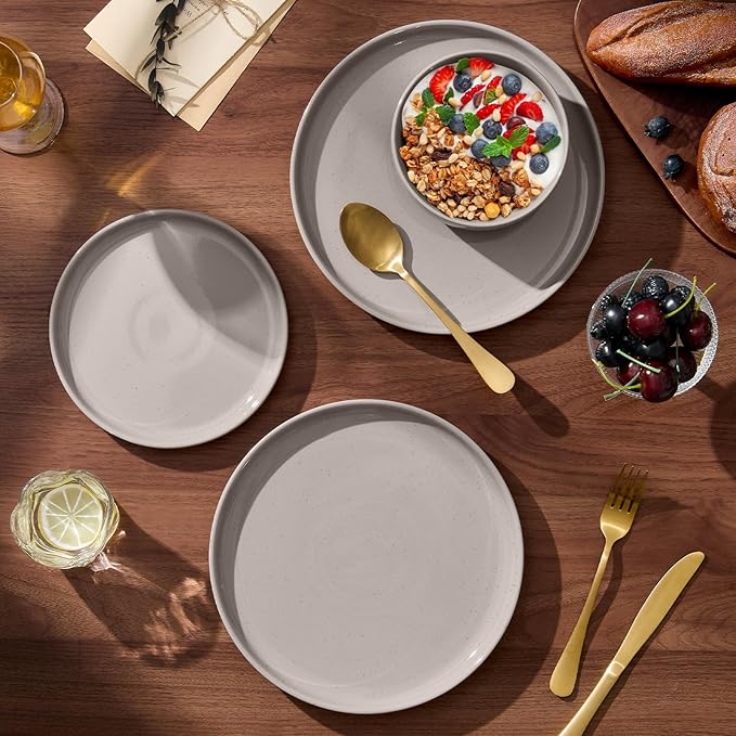 E-far 18-Piece Ceramic Dinnerware Sets, Plates and Bowls Sets for 6, Stoneware Dishware Dishes Set with Terracotta Base, Chip & Scratch Resistant, Microwave & Dishwasher Safe, Speckled Khaki