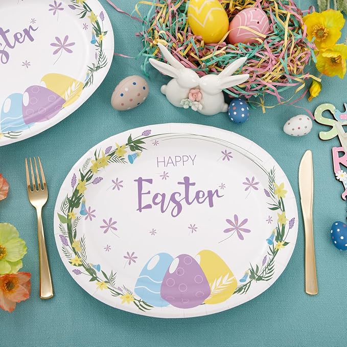 WDF 50Pack Easter Paper Plates - Oval Paper Plates 10" x 12" for Party Supplies Easter Eggs Large Disposable Platter for Easter Serving Tray