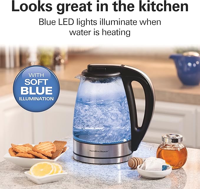 Hamilton Beach Glass Electric Tea Kettle, Water Boiler & Heater, 1 Liter, 1500 Watts for Fast Boiling, BPA Free, Cordless Serving, Auto-Shutoff & Boil-Dry Protection, Soft Blue LED (40930)