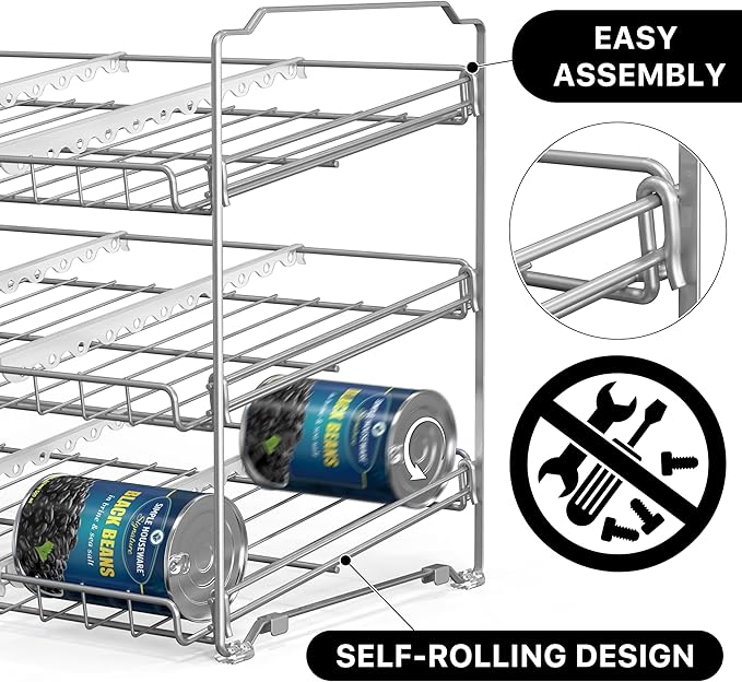 Simple Houseware Stackable Can Rack, Silver, Adjustable Plastic Dividers, Holds 36 Cans