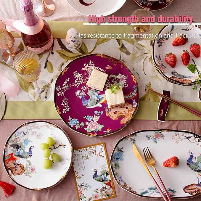 ACMLIFE Bone China Dinnerware Set, Porcelain Dinnerware Sets for 4, Vintage Floral China Dinnerware Set, Light Blue 12 Piece China Set Lightweight Bone China Dinner Sets Plates and Bowls Set (Red)
