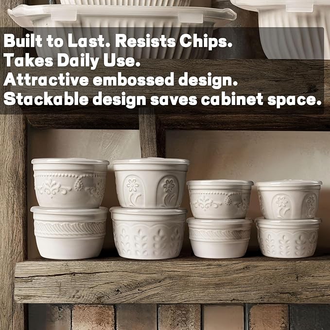 Artena Ramekins with Lids, Creme Brulee Ramekins Oven Safe, Ceramic Pudding Cups, Souffle Cups, Custard Cups, Dipping Sauce Cups, Food Storage Containers with Lids, Set of 4 (Damask Floral, 4 oz)