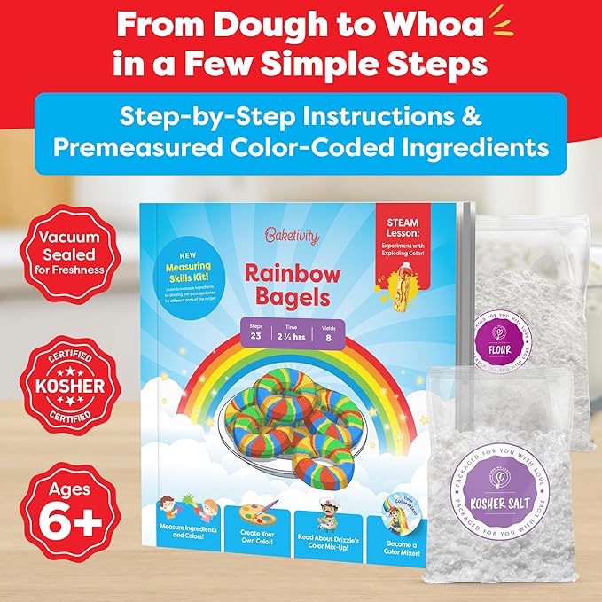 Baketivity Rainbow Bagel & Monkey Banana Bread Baking Kit Bundle – DIY Kids Cooking Set with Pre-Measured Kosher Ingredients, Illustrated Recipes, Video Guides & STEM Activities – Ages 6-12+
