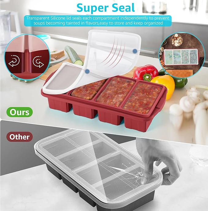 Ztomine Silicone Freezer Tray With Lid - Silicone Freezer Food Molds- Large Ice Cube Tray,Silicone Freezer Container,Freeze & Store Soup, Sauce, Broth,Leftovers - Makes 4 Perfect 1 Cup