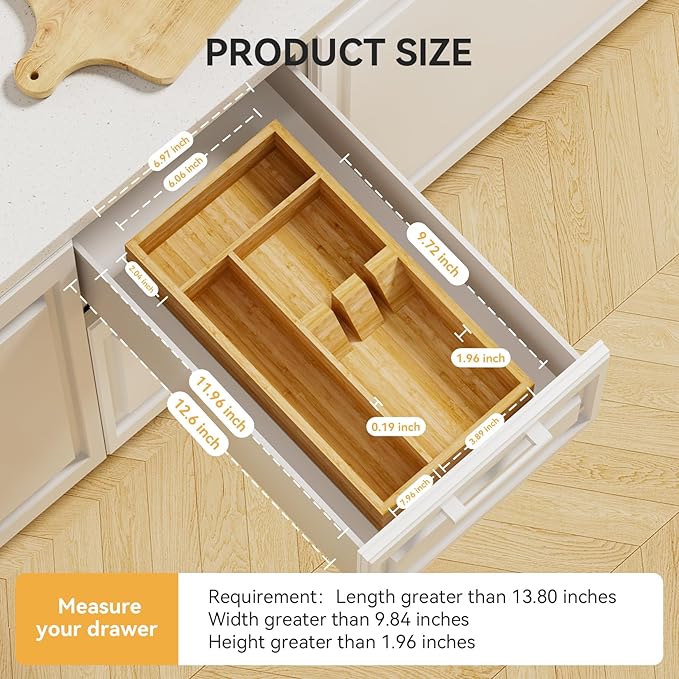 Yofidra Bamboo Silverware Organizer, 12.6 x 6.97 x 1.96 Inches Kitchen Utensil Drawer Organizer, Silverware Tray for Drawer with Fixed Slots for Spoons, Forks & Knives, Natural