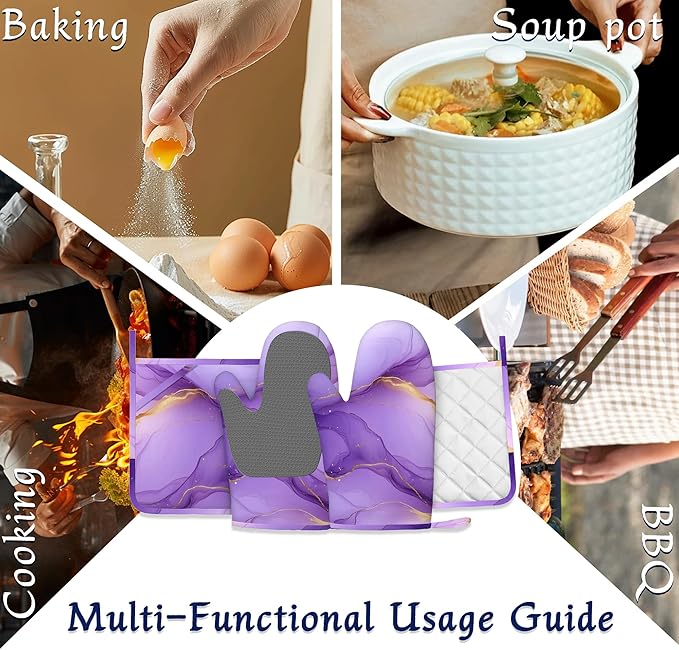 Marble Oven Mitts and Pot Holders Sets of 4 Purple Gold Marble Heat Resistant Silicone Oven Mits Gloves Non-Slip Kitchen Mittens Potholders for Cooking Baking Grilling BBQ