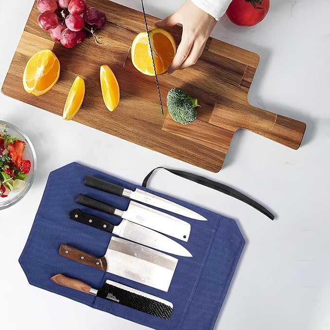 HERSENT A Chef's Knife Roll Bag - Portable Travel Chef Knife Case Carrier Holder Storage Bag With 4 Slots Best Gift For Pro Chef Or Culinary Enthusiasts Men Women HGJ03-P (Navy Blue)