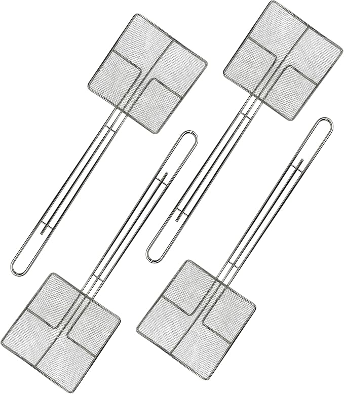 Wire Mesh Strainer with Long Handle | 4-Pack | 6.5" Square Frying Spoon | Cooking Oil Strainer for Deep Fryer & Professional Restaurant Use | Commercial Grease Skimmer
