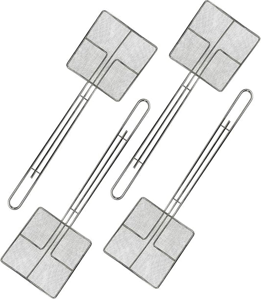 Wire Mesh Strainer with Long Handle | 4-Pack | 6.5" Square Frying Spoon | Cooking Oil Strainer for Deep Fryer & Professional Restaurant Use | Commercial Grease Skimmer