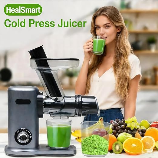 HealSmart Cold Press Juicer, Slow Masticating Juicer with 5.91-Inch Extra Wide Feed Chute, High Juice Yield, Easy to Clean for Whole Fruits & Vegetables, BPA-Free Food Grade Materials, Charcoal