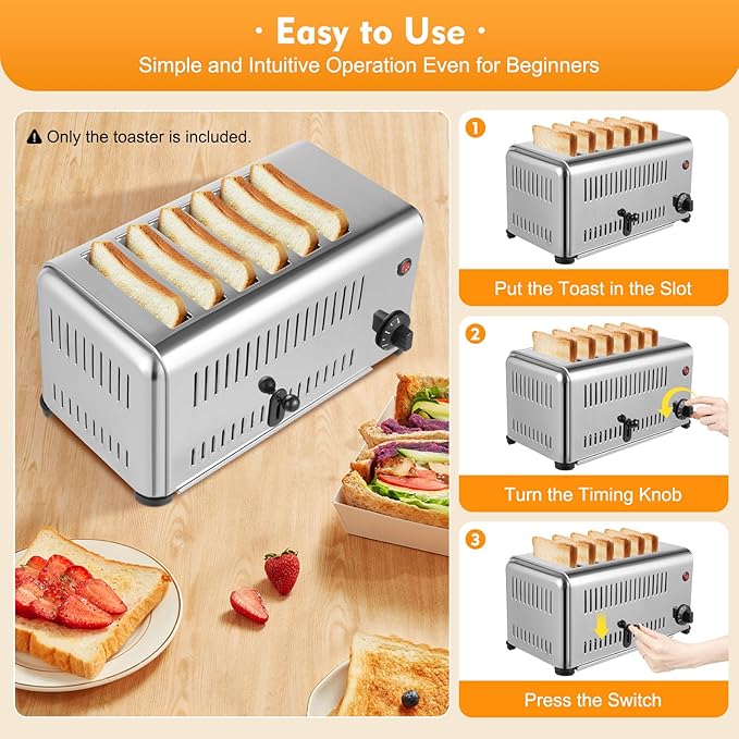 Electric 6 Slice Toaster, 1680W Stainless Steel Commercial Toaster with 6 Wide Slot, 1-5 Minute Timer Bread Baking Machine with Crumb Tray or Home Bakery Restaurant Dessert Store