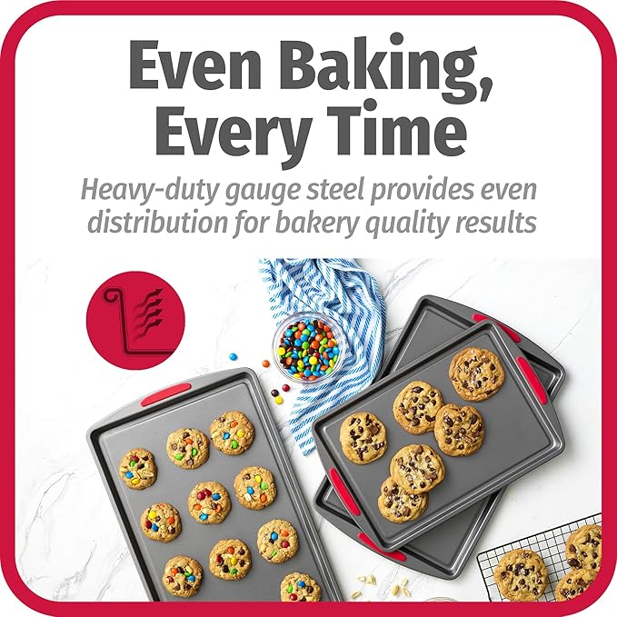 GoodCook MegaGrip Set of 3 Nonstick Steel Multipurpose Cookie Sheets with Silicone Grip Handles, Gray