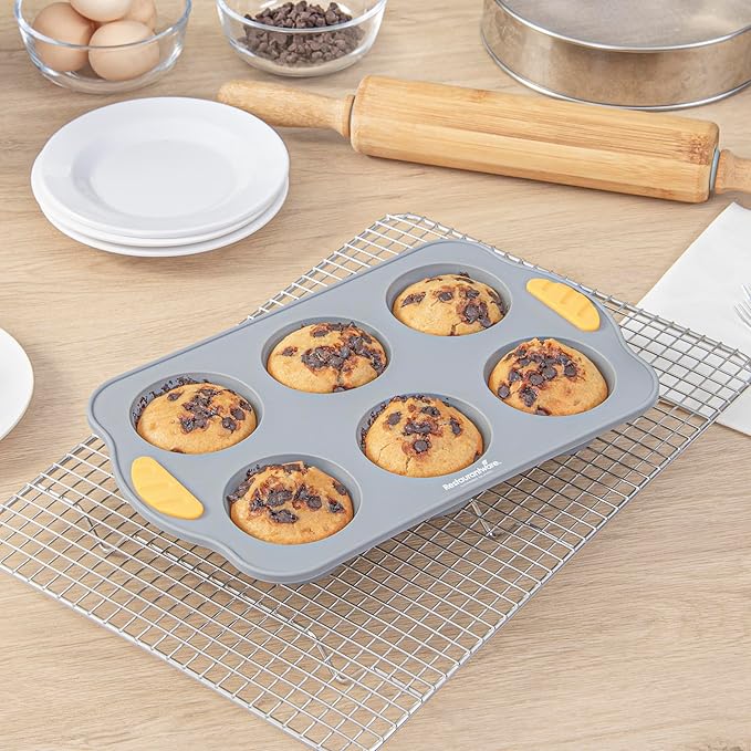 Restaurantware Silicone Baking Molds Pack of 10 Non-Stick Muffin Molds with Handles 6 Compartments, Oven-Friendly Dishwashable Freezer-Friendly Heat-Resistant Gray Silicone Cupcake Muffin Pans