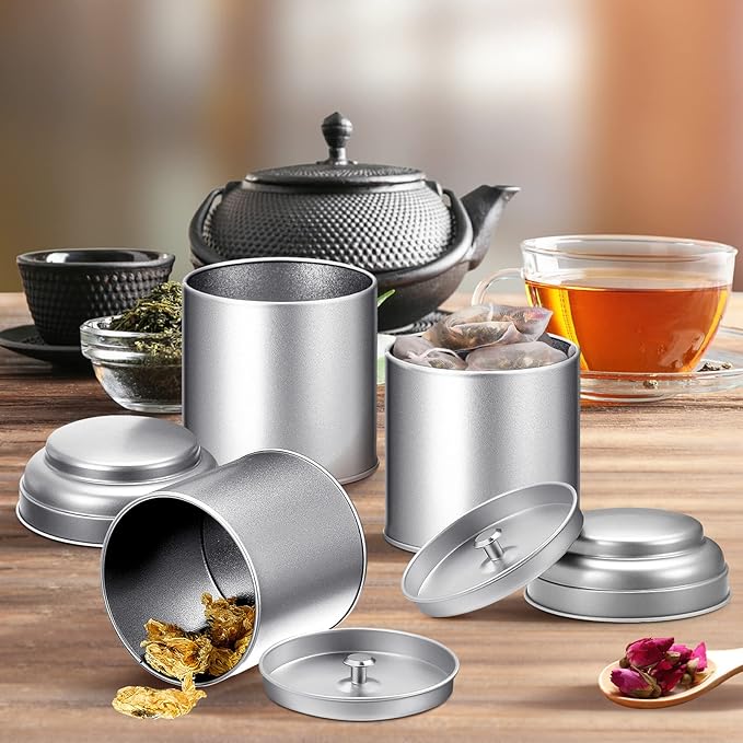 Meanplan 12 Pcs Tea Tin Canister with Airtight Double Lids Round Tin Can Box Small Kitchen Tea Canister Loose Leaf Storage Containers for Loose Bags Coffee Sugar Candy Spices(Silver,8 oz)