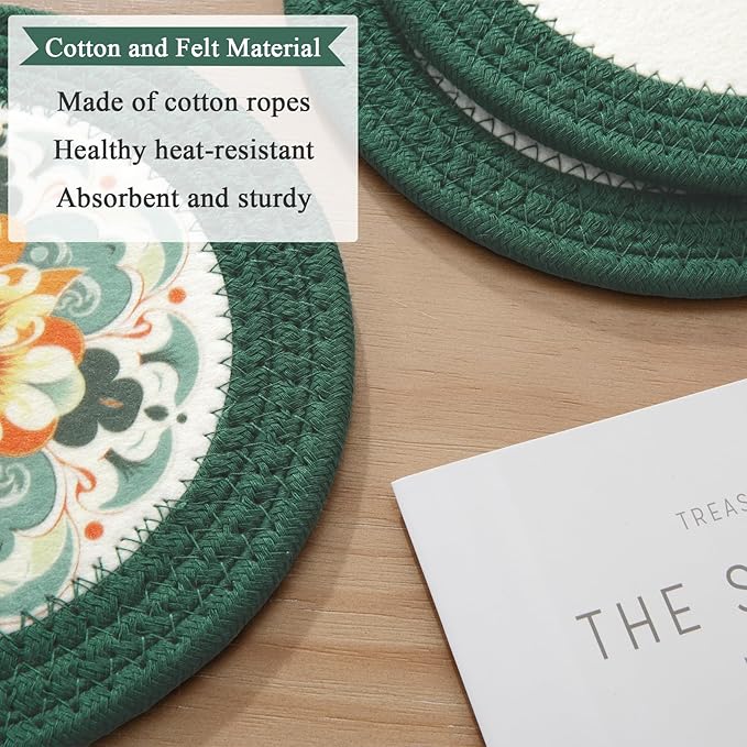 SHACOS 8 Inches Trivets for Hot Dishes, 4 Pieces Cotton and Felt Floral Trivets Mats for Kitchen, Hot Pads for Countertops and Table, Heat-Resistant Pot Holders for Hot Pots and Pans, Dark Green