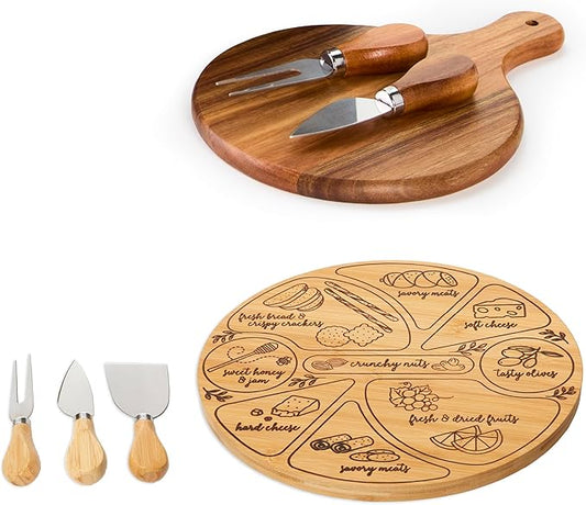 Hammer + Axe Premium Serving Bundle - Rotating Bamboo Charcuterie Serving Tray with Food Labels & 3 Cheese Tools| Acacia Wood Cheese Board with Knife & Fork| Dinner Party & Housewarming Gift Set