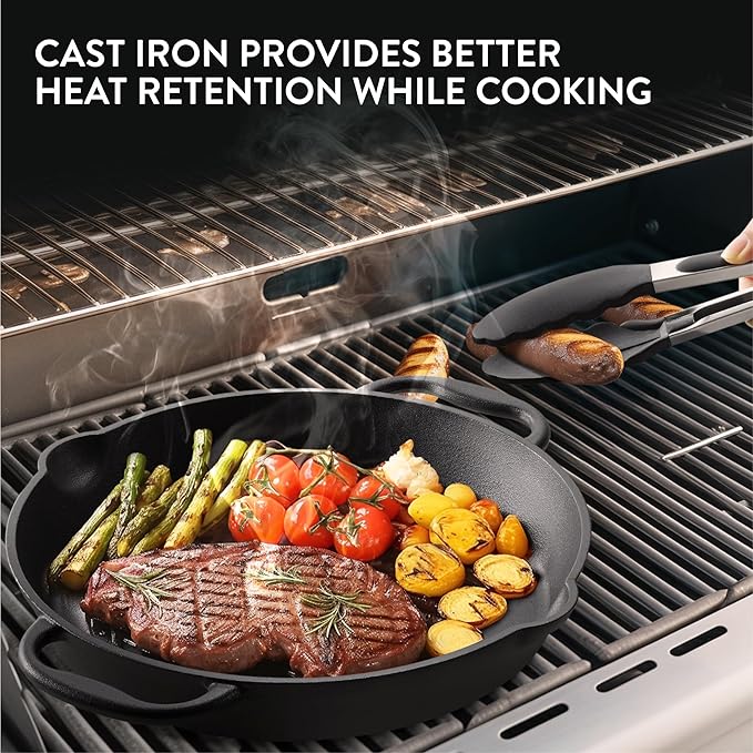 Navaris Cast Iron Skillet - 12"(30cm) Pre-Seasoned Frying Pan with Double Handles, Pour Spouts, for Oven, Stovetop, Grill & Campfire, Non-Toxic, Heavy-Duty, Even-Heating Cookware