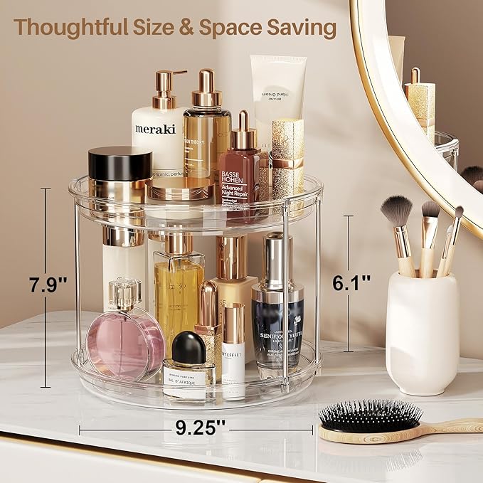 LAMU 3 Pack 2 Tier Lazy Susan Turntable Organizer 9.25'' Rotating Spice Rack Organization for Cabinet, Kitchen, Pantry, Countertop, Bathroom, Vanity, Medicine Cabinet Organizer, Clear