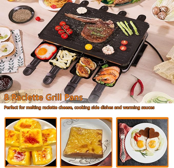 Electric Korean BBQ Indoor Grill Table Smokeless Portable Griddle Raclette Grill Nonstick with 8 Cheese Maker Pans Temperature Control & Dishwasher Safe 1300W Ideal for Parties and Family Fun
