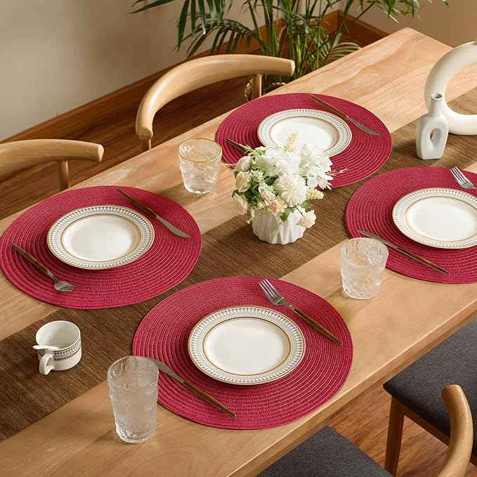 FunWheat Round Braided Placemats Set of 4 Place mats for Dining Tables Woven Heat Resistant Table Mats 15 inch (Wine,4pcs)
