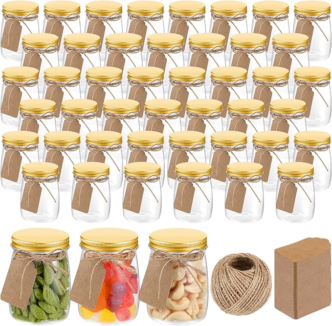 Nitial 50 Pack 5 oz Plastic Jars with Lids Bulk Yogurt Containers with Lids Gift Jars with DIY Craft Twine and Labels Gifts for Birthday Wedding Halloween Christmas Party Favor(Gold,Aluminum Lid)