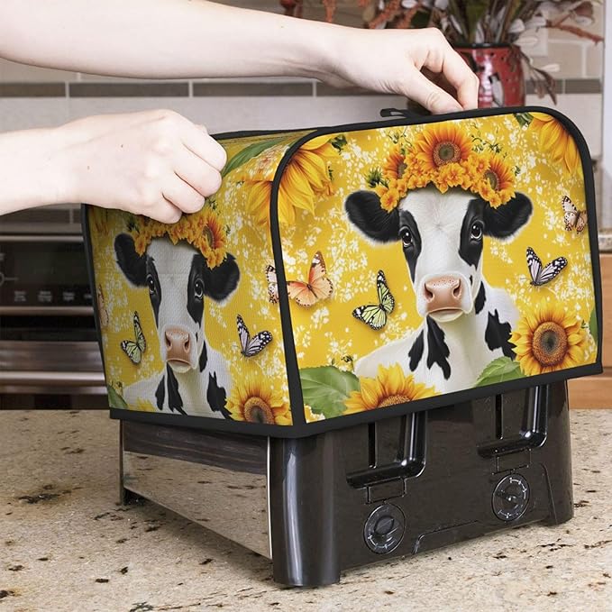 Cow with Sunflower Covers for Toasters 4 Slice,Cute Funny Bread Machine Cover with Handle,Washable Stain Resistant Kitchen Small Appliance Cover Dining Decor