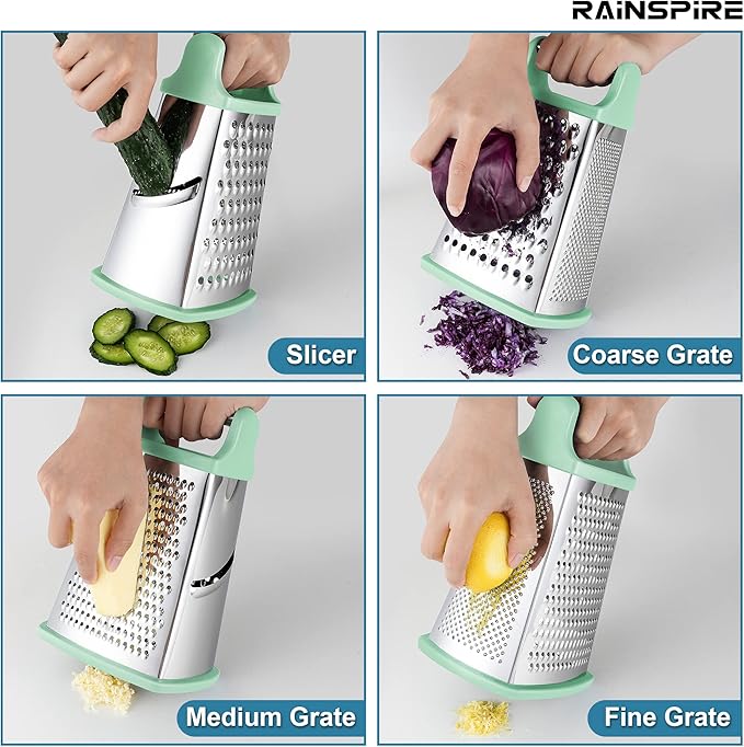 Rainspire Professional Box Grater, Cheese Grater Box for Kitchen Stainless Steel with 4 Sides, Cheese and Spice Graters with Handle for Vegetables, Ginger, Potatoes, Mint