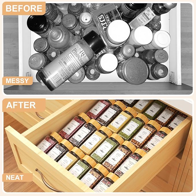 24 Spice Jars with Spice Drawer Organizer, 355 Spice Labels, 2 Pack Expandable From 11'' to 21'' Acrylic Spice Rack for Drawer, Seasoning Containers Storage Organization for Kitchen Cabinet Countertop