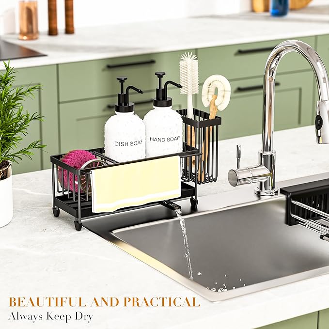 Kitchen Soap Dispenser Set with Sponge Holder and Towel Rack, 17OZ Glass Bottle, Hand and Dish Soap Dispenser Set, Non-Slip Silicone Pad, Brush Holder, Kitchen Sink Caddy Organizer Countertop (White)
