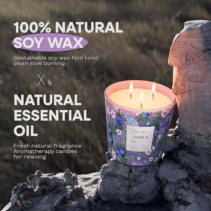 Hidden Label Large Soy Candle, Hyacinth Lilac Scented, 3 Wick 30oz, 100Hr Burn, Natural Non-Toxic Aromatherapy Stress Relief, Home Scent, Spa