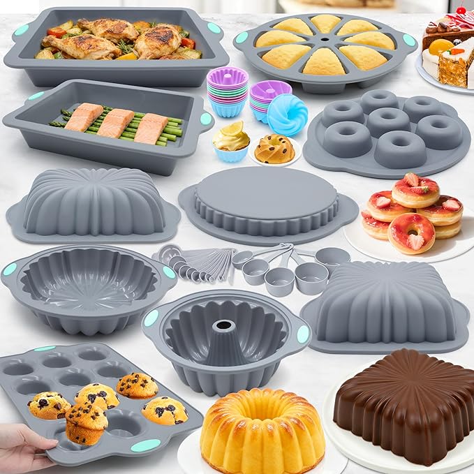 To encounter 51 Piece Silicone Baking Pan Set, Non-Stick Bakeware Set with Baking Pans, Reusable Donut Mold, Food-Grade Silicone Molds for Cakes, Cookies, Muffins, Bread, Light Grey